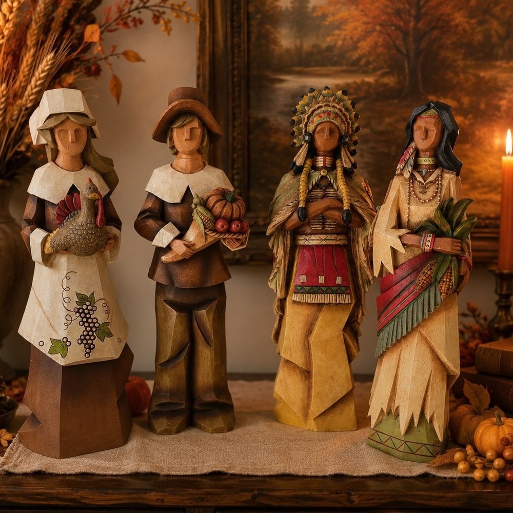 Vintage Pacific Rim Thanksgiving Figurines Large Harvest Pilgrim Native Decor